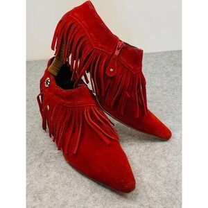 Red Suede Fringe‎ Western Inspired Pointed Toe Heeled Booties Women's Size 8.5W